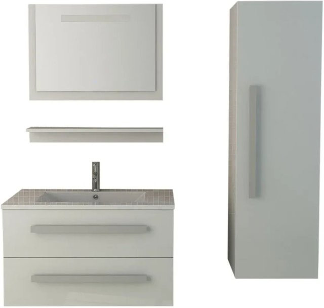 Jet-Line Badset St. Moritz 4-teilig in Weiß Hochglanz mit LED-Beleuchtung, bestehend aus Waschbecken, Schrank, Spiegel und Ablage aus Mineralguss und MDF - Bild 1