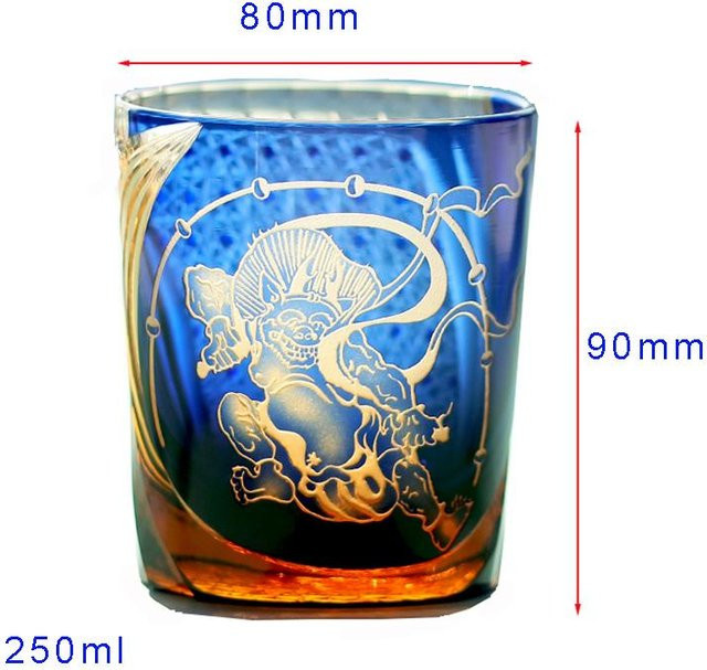 Edo Kiriko Whiskeyglas mit Raijin Fujin Gravur in Blau von Yiran Furniture, 250 ml - Bild 1