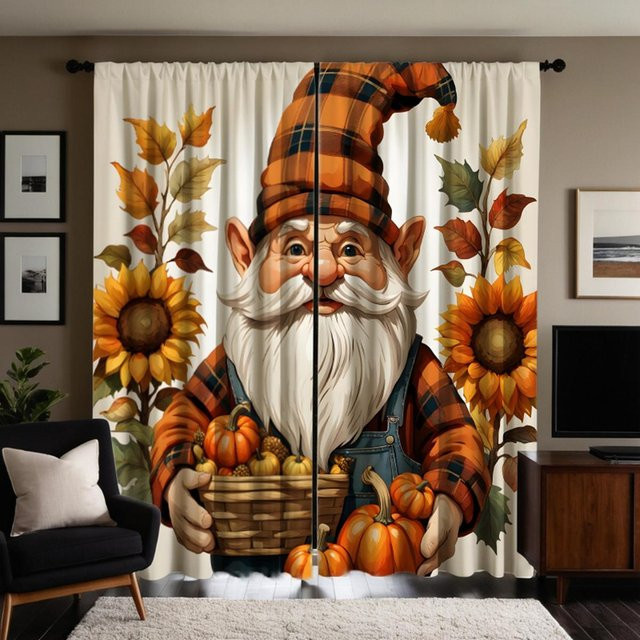 2er-Set Vorhang mit Erntefest-Motiv Kürbis und Sonnenblumen, Gelb und Weiß, B: 132 cm, H: 160 cm - Bild 1