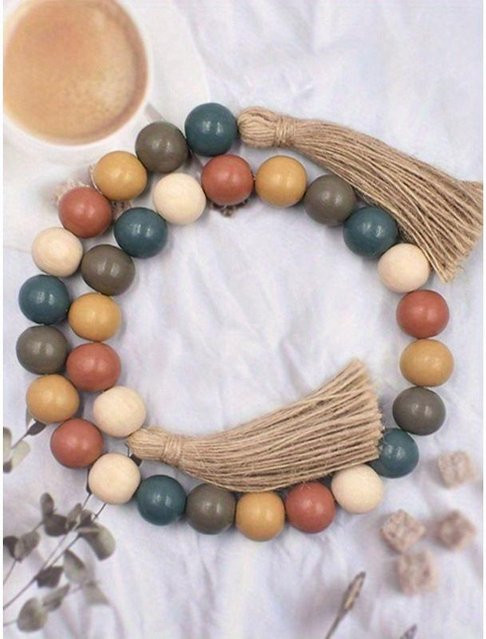 SZwatch Wandbehang im rustikalen Vintage-Stil mit Holzkugeln, Perlen und Quasten in Grau und Multicolour - Bild 1