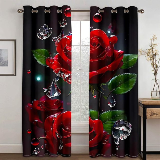 Yiran Furniture Vorhänge im Retro-Stil mit Rosenblumen-Muster, 2er-Set, Rot, halbtransparent, B: 70 cm, H: 165 cm, inklusive Haken - Bild 1