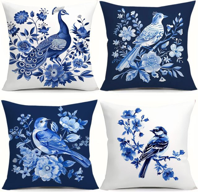 JMG Clothing Kissenbezug mit blau weißem Vogelmuster und Digitaldruck aus Plüsch, B/H: 40 x 40 cm - Bild 1