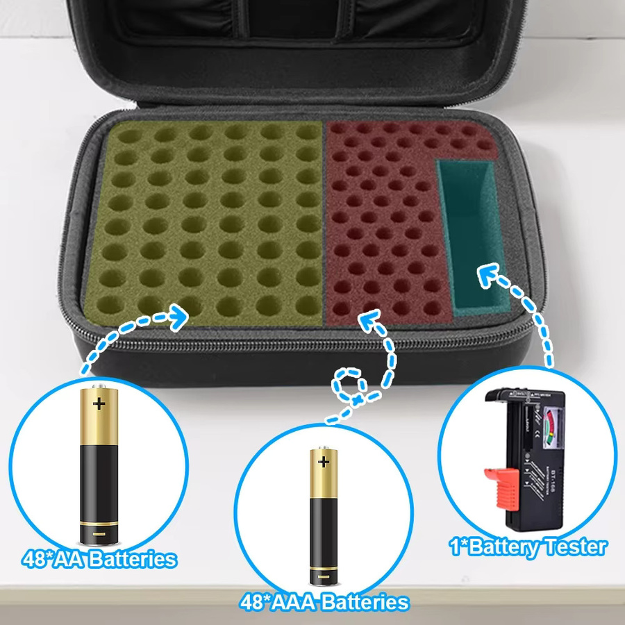 Batterie-Organizer Aufbewahrungstasche in Schwarz für insgesamt 96 Batterien (48 x AA und 48 x AAA) inklusive Batterietester und 2 Zubehörtaschen - Bild 3