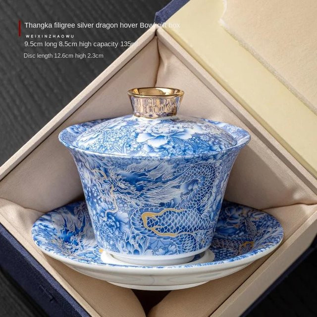 Yiran Furniture Kung-Fu-Teeservice San Cai Keramik-Set mit Gaiwan und Teetasse in Grau und Blau, 180 ml - Bild 1