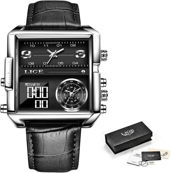 LIGE Armbanduhr, Quarz, Analog-Digital, Eckig, Edelstahl, Silber/Schwarz, Herren - Bild 1