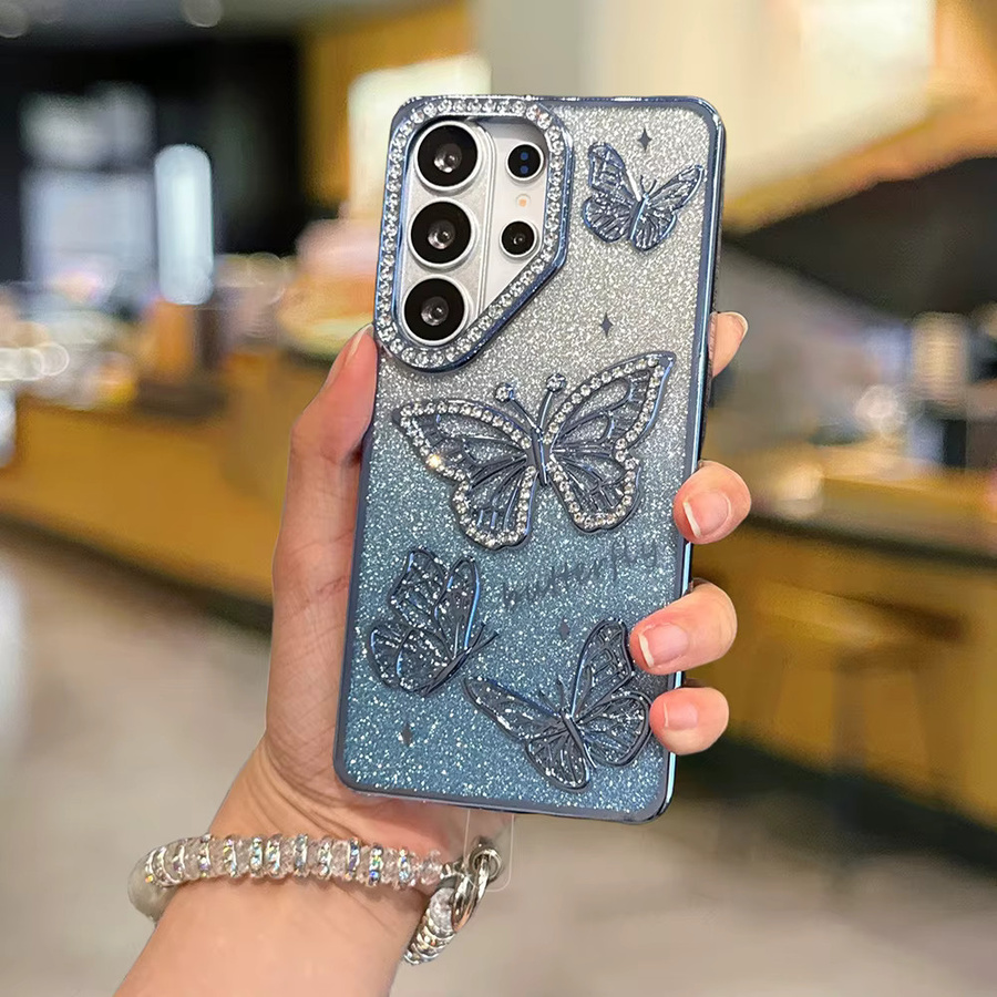 Glitzernde Schmetterlings Handyhülle aus Hartschale für Samsung Galaxy S25 Ultra S26 Ultra S24 S23 A26 5G A16 inklusive Armband in Blau und Lila - Bild 4