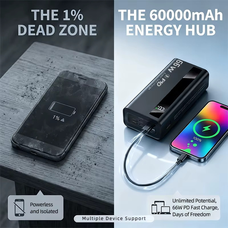 Cohana Powerbank 60000mAh mit 66W Schnellladefunktion in Weiß für iOS und Android, tragbares Ladegerät für 5 Geräte - Bild 2