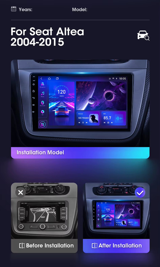JMCQ Multimedia Autoradio mit Wireless CarPlay und Android Auto für Seat Altea (2004-2015), GPS, 4G und WiFi, Schwarz - Bild 2