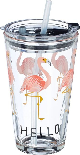 Relaxdays 4er Set Glasbecher Pink mit Deckel und Strohhalm, 400 g - Bild 1