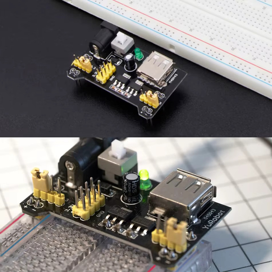 AOKIN 3er-Set MB102 Breadboard Netzteil-Modul mit 3,3 V und 5 V, inklusive 9V Batterie-Clip und DC-Jack-Stecker 2,1 x 5,5 mm, Schwarz - Bild 3