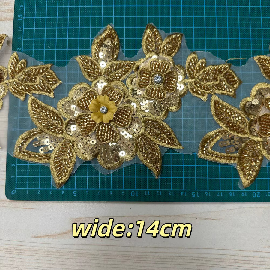 ywleiao Zierbortenstoff mit Zweig-Design, perlenbesetzt und bestickt, braun, 4,5 Yards - Bild 2