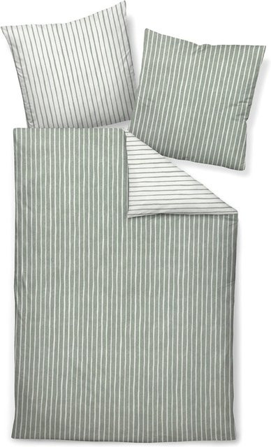 JANINE Unisex Bettwäsche aus Baumwolle Flannelette, 2-teilig, Reversible Wendebettwäsche mit Reißverschluss, Farbe: Grün, B/H: 135 x 200 cm - Bild 1