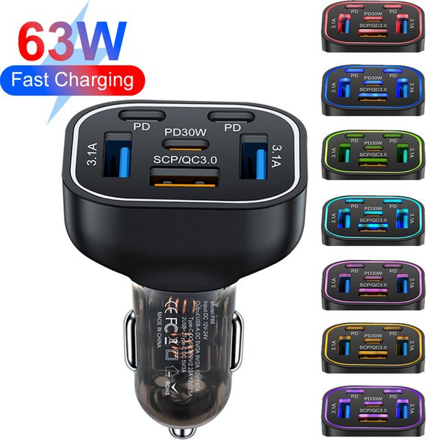 63W Autoladegerät mit 3 USB-A und 3 USB-C Anschlüssen sowie farbigem Atemlicht für Xiaomi, iPhone und Samsung - Bild 1