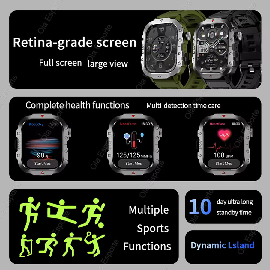 Ola Esporte Hw12 Militär-GPS-Smartwatch für Herren in Schwarz mit 2,01 Zoll Touchscreen, Bluetooth-Anruf und Sprachsteuerung - Bild 2