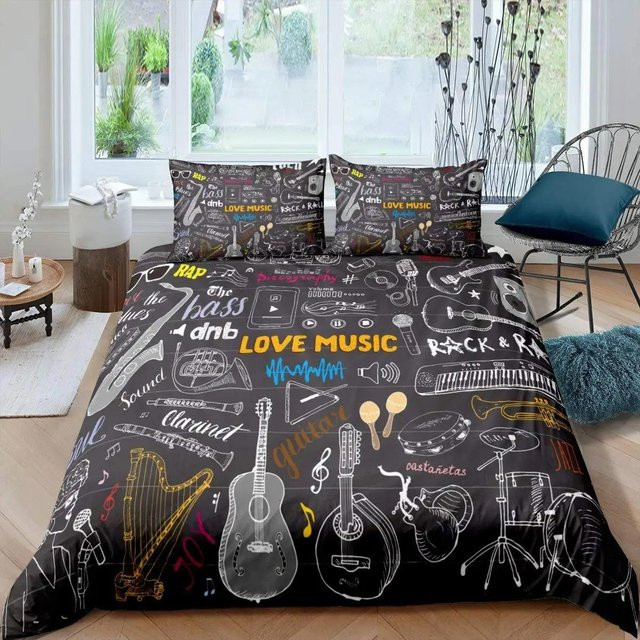 Gitarren Bettwäsche-Set mit Punkrock-Musik-Design für Kinder und Teenager, Schwarz, B/H: 135 x 200 cm - Bild 1