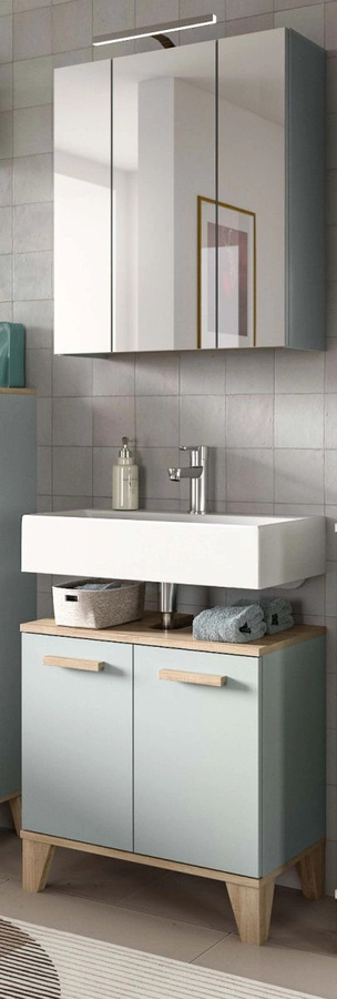 Badmöbel Set Luna von Inn.Furn, 2-teilig, grün und Eiche matt, mit Spiegelschrank und Waschtischunterschrank, Breite: 60 cm - Bild 1