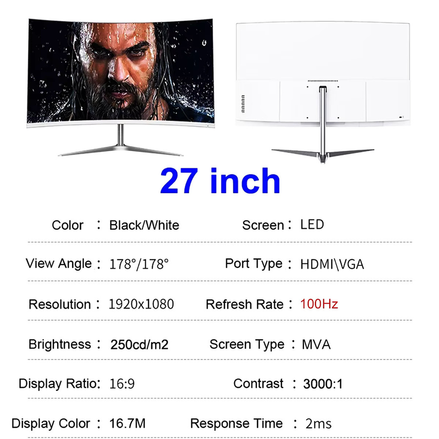 FYHXele Curved Gaming Monitor 27 Zoll, FHD 1080P, 100Hz, CSOT HVA Panel, 2ms, 99% sRGB, Schwarz - Bild 4