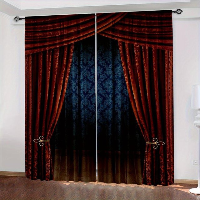 2er-Set Vintage-Vorhänge von Yiran Furniture mit floralem 3D-Druck im viktorianischen Stil, Rot, B/H: 50 x 100 cm - Bild 1