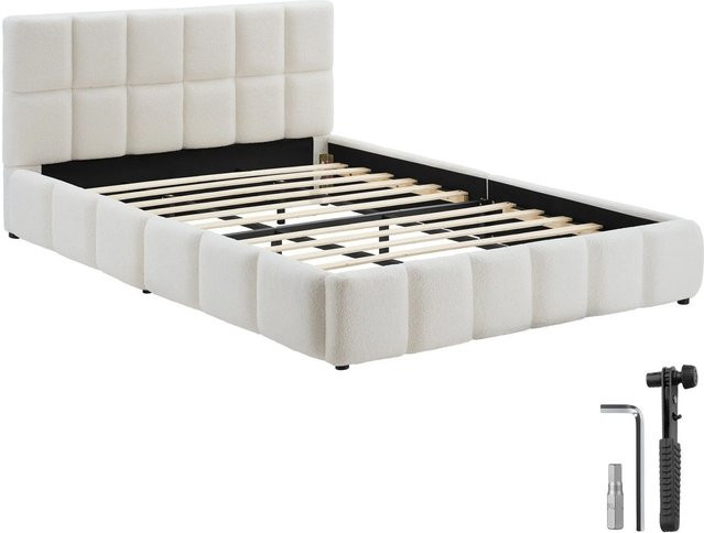 Tectake Polsterbett Shirley in Cremebeige mit Teddystoff, Steppmuster und integriertem Lattenrost, H x B x T: 93 x 220 x 193 cm - Bild 1