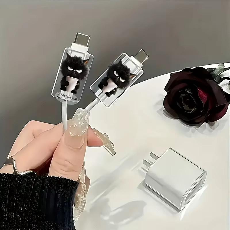 2 Stück schwarze Katze 2D-Kabelschutz für USB-C und Apple-Ladekabel aus bruchsicherem Kunststoff in Schwarz - Bild 2