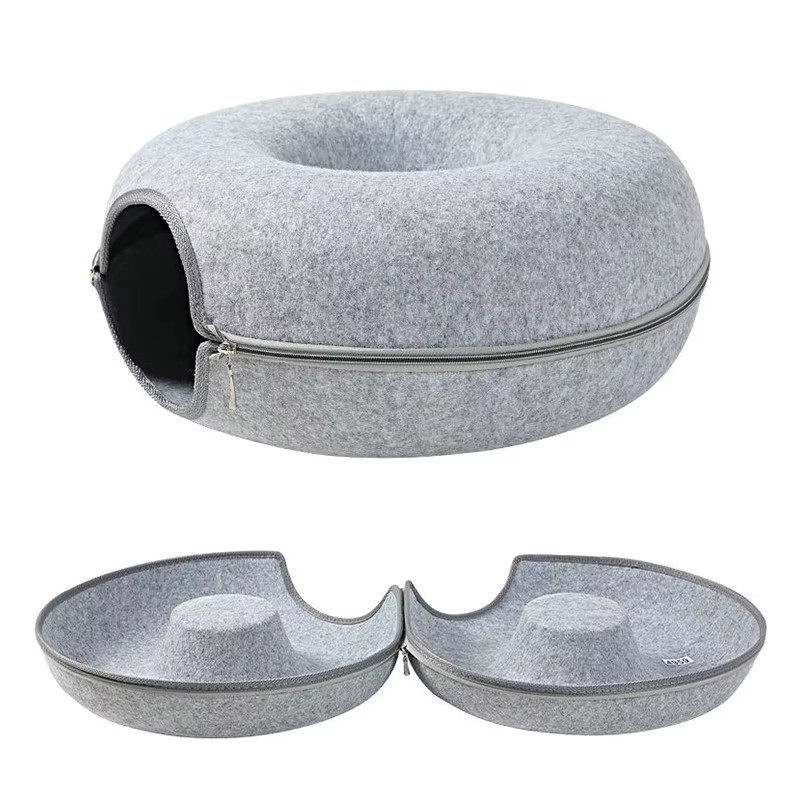 Pawstrip Donut-Katzenbett aus Filz in Grau als interaktives Katzenhaus und Spieltunnel für 2 Katzen - Bild 4