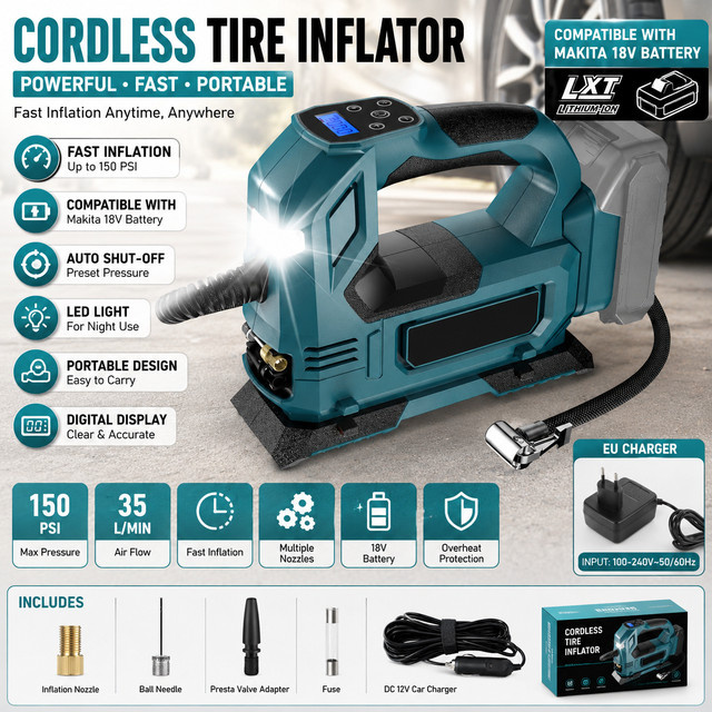 Makita Kabellose Reifenfüllpumpe in Blau, tragbarer elektrischer Luftkompressor mit LED-Licht, kompatibel mit 18V Akkus BL1815 BL1830 BL1840 BL1850 - Bild 1