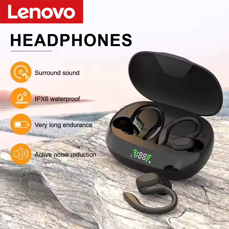 Lenovo Original EarHook Sport-Kopfhörer, kabellose Bluetooth In-Ear-Headsets mit digitaler Anzeige und Geräuschunterdrückung in Schwarz - Bild 3