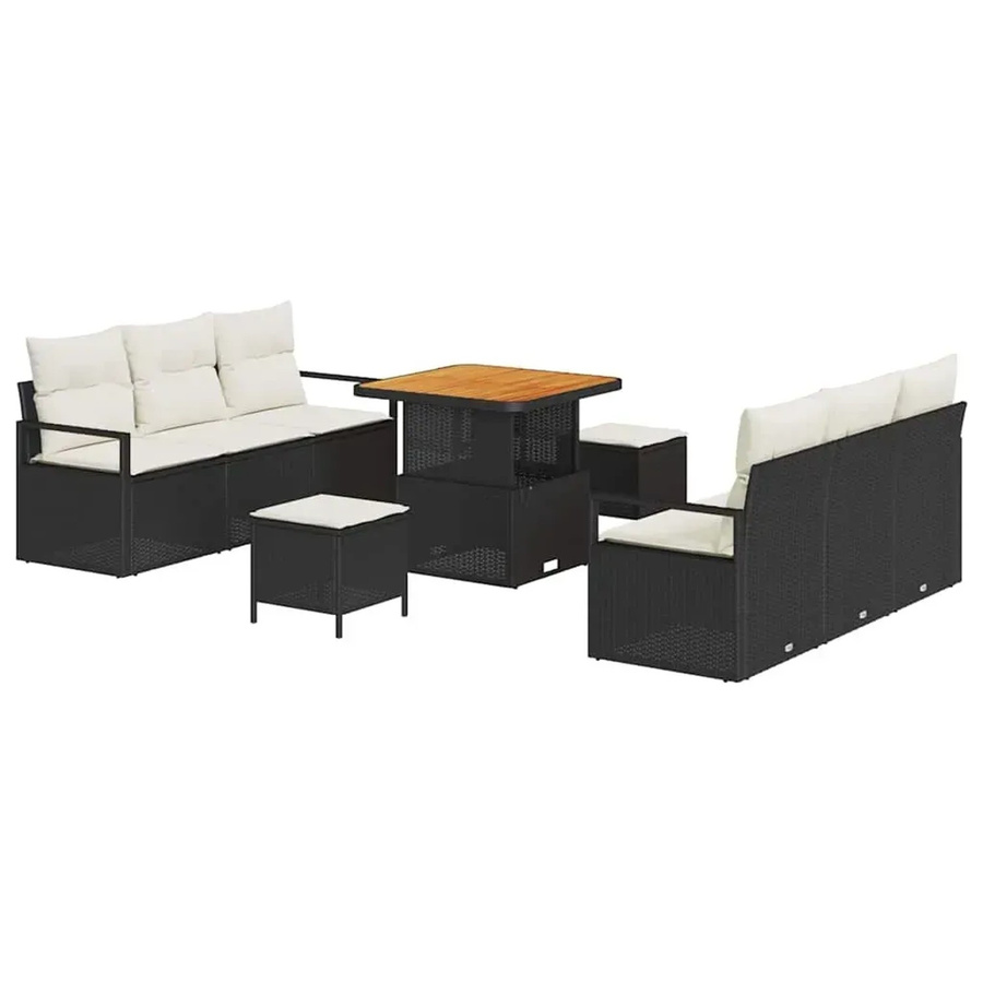 vidaXL Garten-Sofa-Set aus Poly-Rattan in L-Form mit 9-teiligem Set, Polsterkissen und Couchtisch, Schwarz und Beige - Bild 2