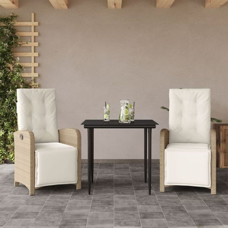 3-tlg. Bistro-Set aus Polyrattan mit Kissen und Glastisch in Beige von vidaxl - Bild 1