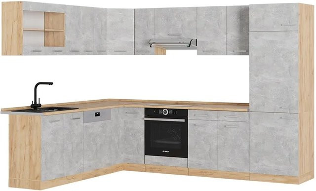 Vicco R-Line Eckküche in Beton und Gold mit Eiche Optik, modern und matt, B/T/H: 227 x 207 x 287 cm - Bild 1