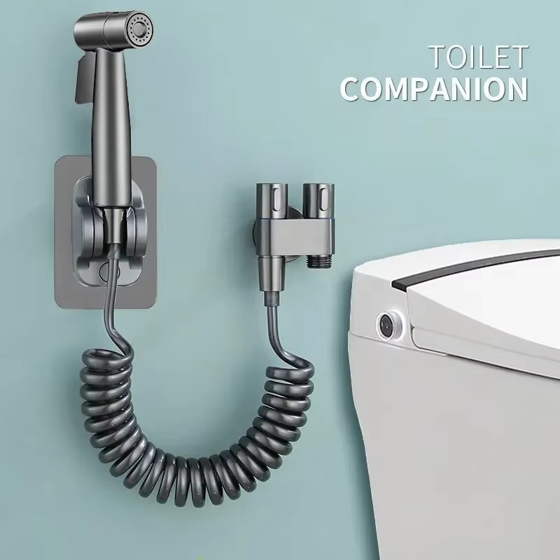 Handgehaltenes Bidet-Sprühgerät aus Edelstahl mit Doppelregelventil und einziehbarem Federschlauch in Silber - Bild 2
