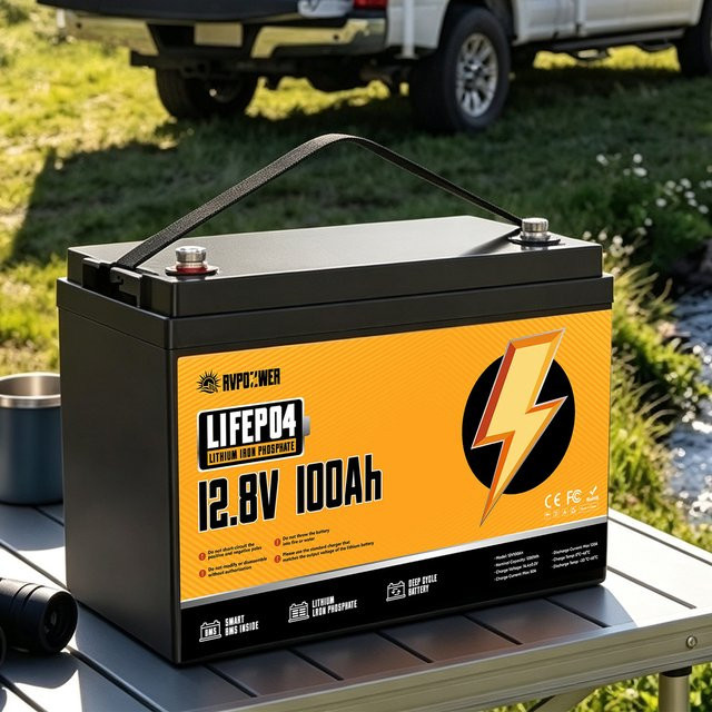 RVPOZWER 12V 100Ah LiFePO4 Lithium-Batterie mit 1280Wh Kapazität, Schwarz, Akku mit BMS für Wohnmobil, Marine und Solar-Anwendungen - Bild 1
