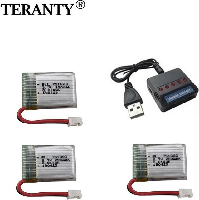 JJRC LiPo-Akku mit Ladegerät 3,7V 220mAh für RC Drohnen Quadcopter Ersatzteile HS210 E010 NH010 T36 751823 - Bild 1