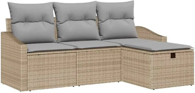 vidaXL Garten-Sofa-Set aus Polyrattan in Beige, 4-teilige L-Form mit Eckelement, 2-Sitzer, Ottoman und integriertem Kissen-Speicher sowie passenden Kissen - Bild 1