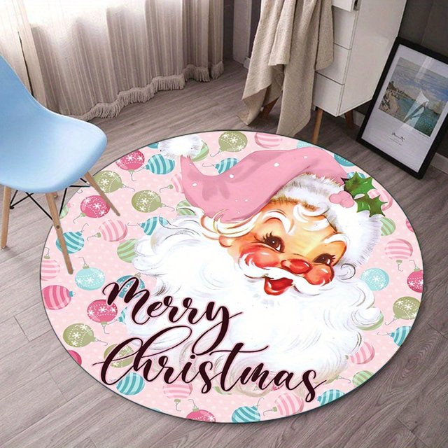 VIKAMA Weihnachtsteppich mit rosa Weihnachtsmann, runder Dekoteppich, Farbe: Rosa, Durchmesser: 80 cm - Bild 1