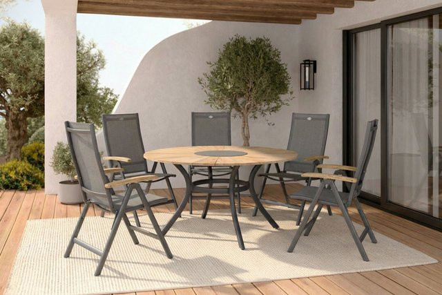 Hartman Aruba/Provence Garten-Essgruppe aus Teakholz und Alu in Xerix/Natur mit rundem Tisch Ø 150 cm und 5 Klappstühlen inklusive Eisbox - Bild 1