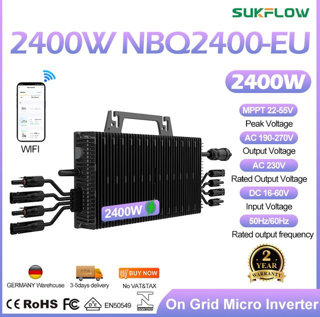 Sukflow Mikro-Wechselrichter 2400W mit WiFi-App-Kompatibilität für dein Solarenergiesystem, Schwarz - Bild 1