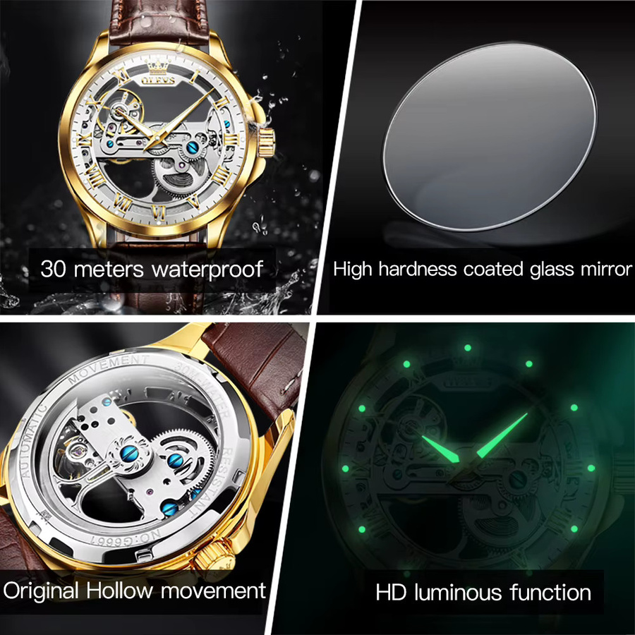 OLEVS Armbanduhr, Automatik, Skeleton Hollow, Leder, Herren - Bild 6