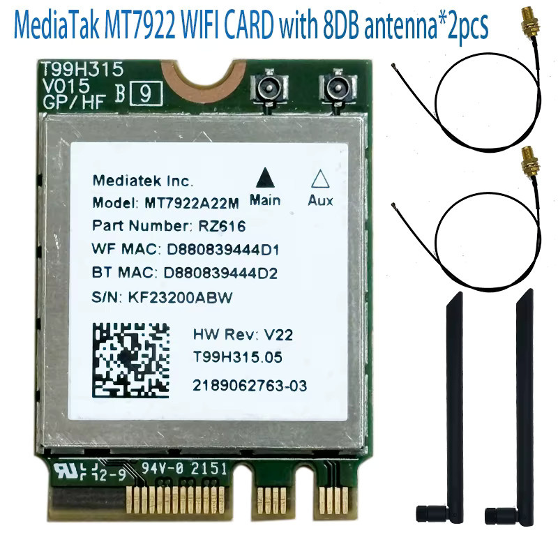 MT7922 Wi-Fi 6E Wireless LAN-Karte mit Bluetooth 5.2, Tri-Band WLAN-Netzwerkkarte 2400 Mbit/s, 2,4 GHz 5 GHz 6 GHz 802.11AX M.2 NGFF Adapter in Grün - Bild 2