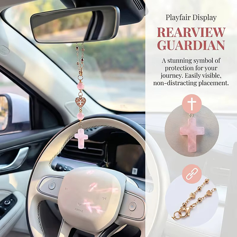 CHENSIYAO Rosenquarz-Kreuz als hängendes Auto-Accessoire in Pink - Bild 2
