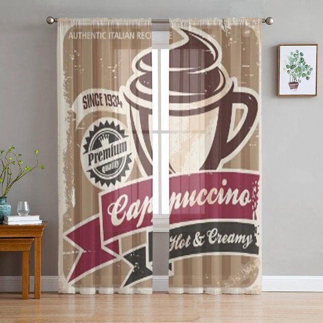 Voilegardinen mit Vintage Cappuccino Poster Motiv auf altem Papier, Tüll Fenstergardine für Wohnzimmer, Schlafzimmer und Küche, Breite: 135 cm, Höhe: 114 cm - Bild 1