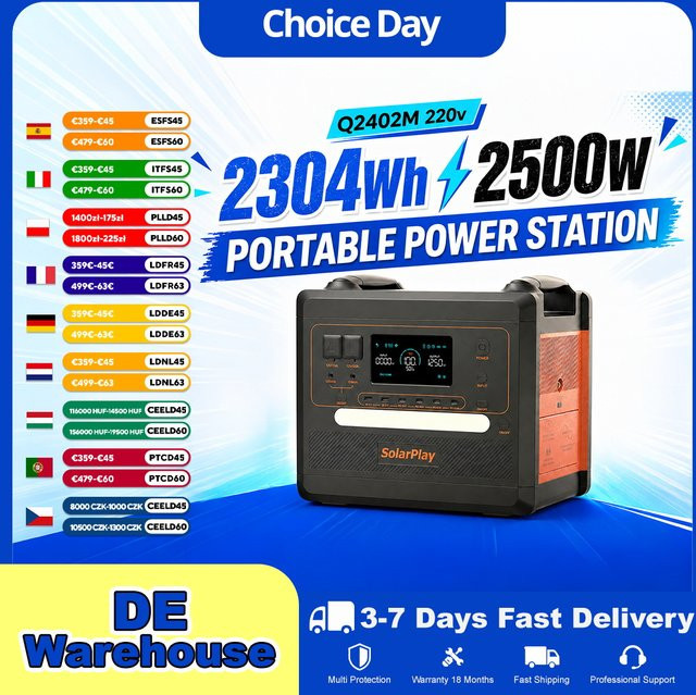 SOLARPLAY Q2402M Solarstromspeicher mit 2500W AC-Ausgang und 2304Wh LiFePO4 Akku als mobile Energieversorgung für Outdoor, Reise und Stromausfall - Bild 1