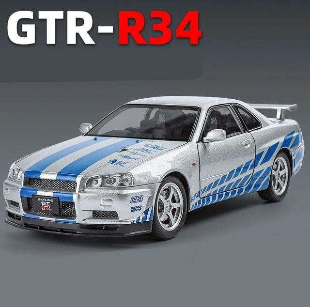Fourall- Model Cars Nissan Skyline Ares GTR GT-R R34, Sportwagen Modell, 1:24, mit Licht und Sound, silber/blau - Bild 1