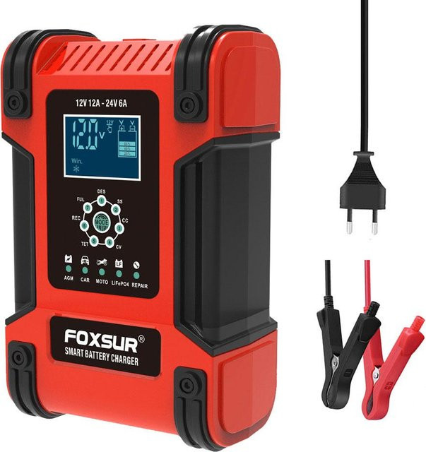 VehicleKit Intelligentes Autobatterieladegerät 12V/12A und 24V/6A, Vollautomatisch und Tragbar, Rot - Bild 1