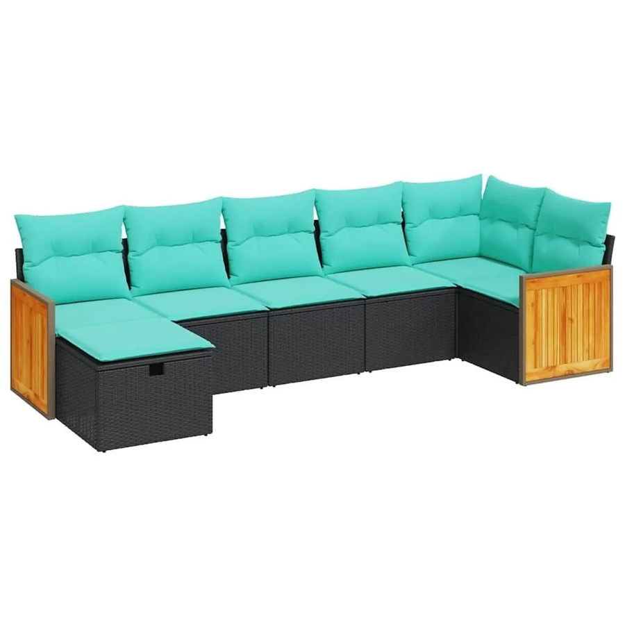 vidaXL 7-tlg Garten-Sofagarnitur in L-Form aus schwarzem Poly-Rattan mit Kissen und pulverbeschichtetem Stahlgestell - Bild 1
