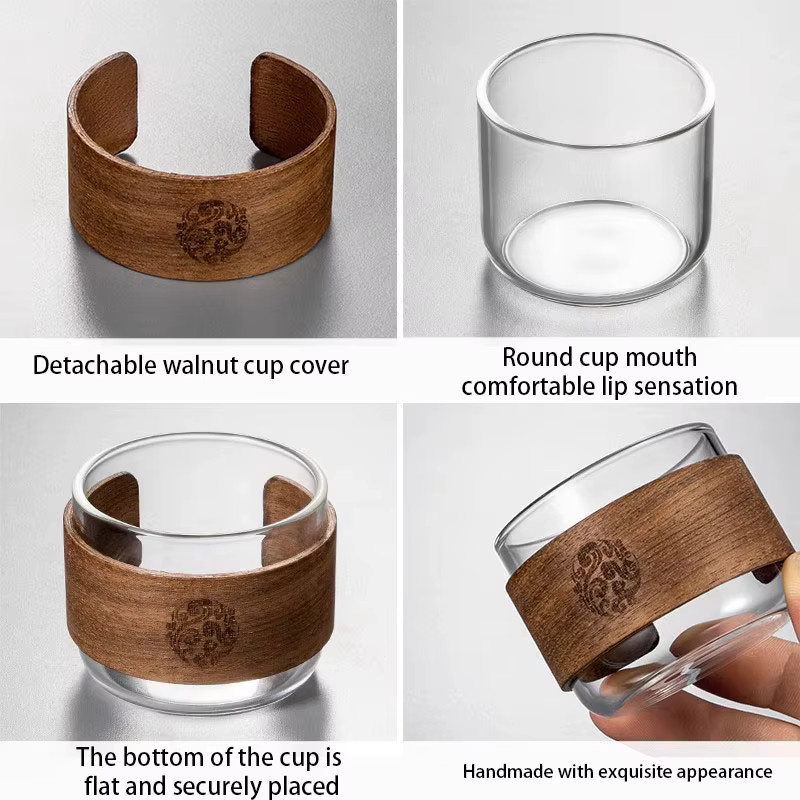 YWDL Teebecher Set aus hitzebeständigem Glas mit Holzhalter, 6 Stück, transparent, 150 ml pro Becher - Bild 4