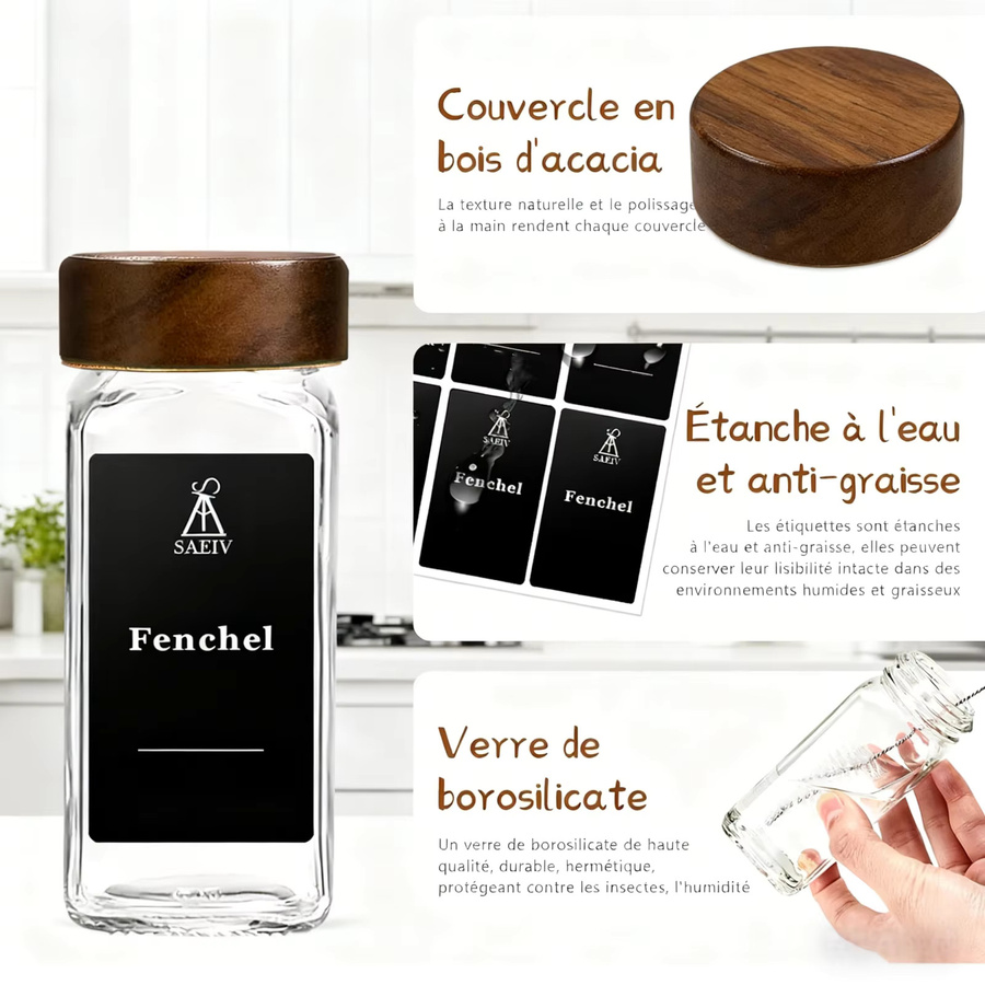 24-teiliges Gewürzglas-Set mit Akazienholzdeckeln und wasserfesten Etiketten, transparente Glasbehälter mit 120 ml Volumen - Bild 3
