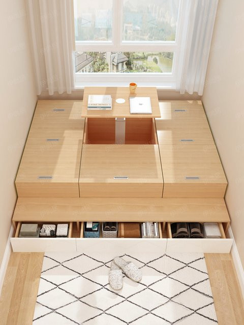 Minimalistisches Tatami-Bett aus Massivholz mit Stauraum in Beige - Bild 1