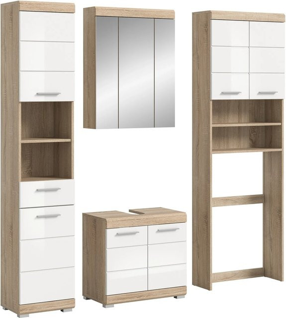 Badezimmer-Set Lambada von xonox.home in Eiche und Weiß Hochglanz, bestehend aus Waschtischunterschrank, Hochschrank und Spiegelschrank, B/H/T: 190 x 191 x 34 cm - Bild 1