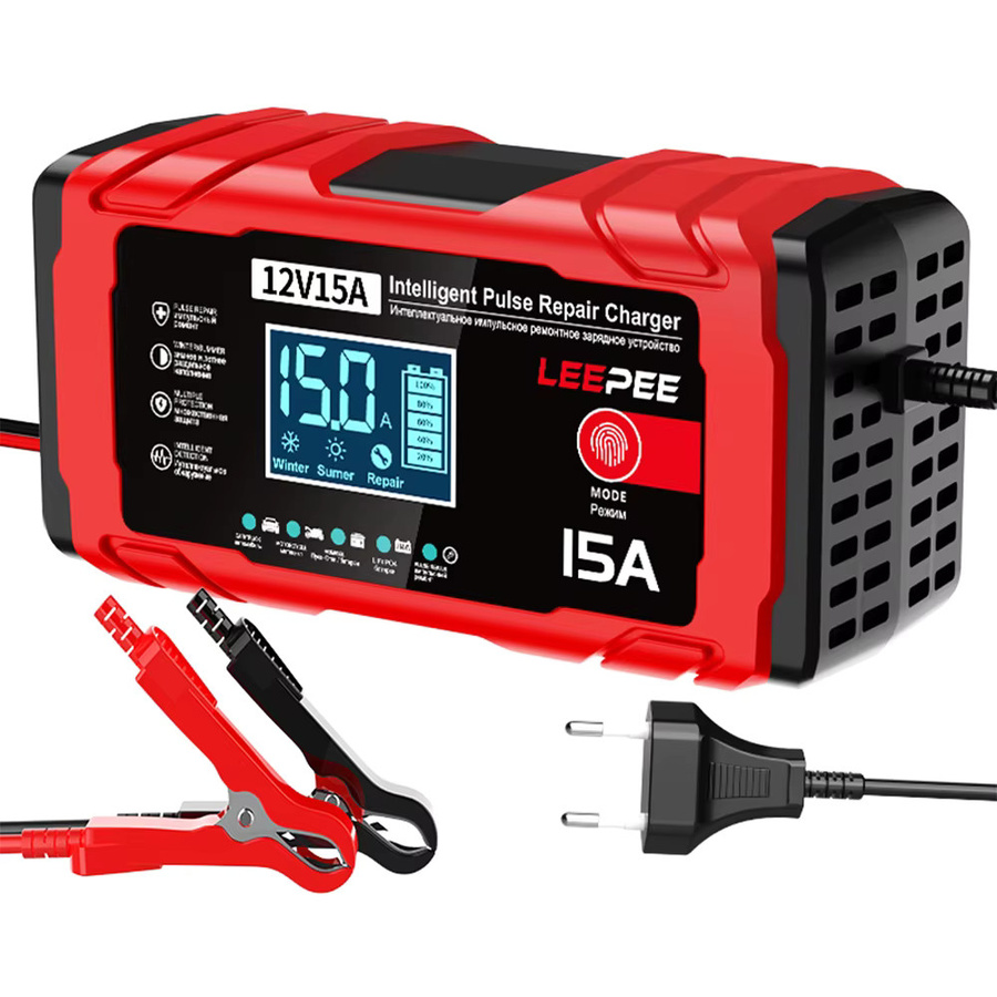 Intelligentes 12V 15A Blei-Säure Smart Batterie Ladegerät mit Puls-Reparaturfunktion für Auto und Motorrad in Rot - Bild 5